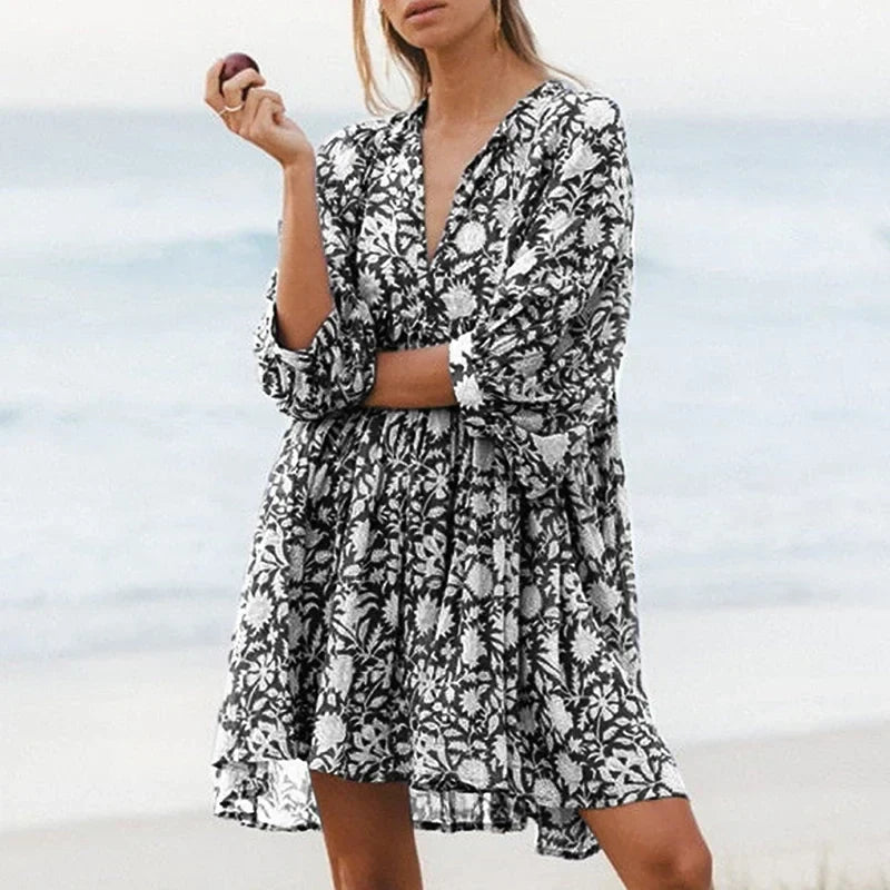 Foridol Lantern Half Sleeve Cyan Bohemian Beach Midi Loose Dress Summer for Women Tie Up Casual Floral Holiday Midi Vestidos