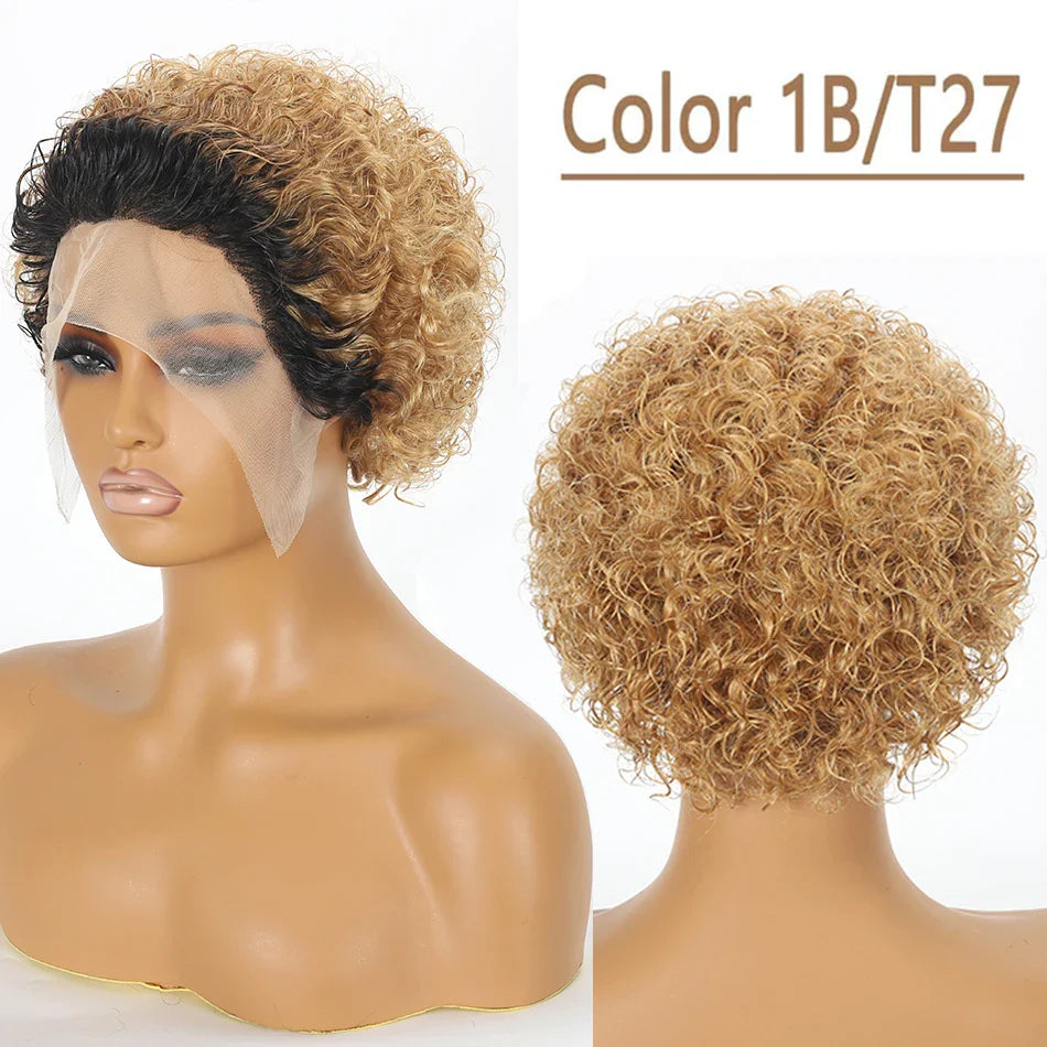 Pelucas Pixie Cut Cabello Humano Ombre 1B/27 Corto Rizado Pelucas de Encaje Frontal Brasileñas Onda de Agua Bob Peluca 13x1 Pelucas de Encaje Transparente 180%