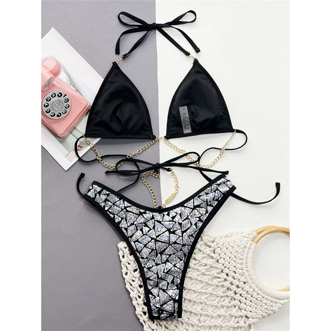 New Bling Sequins Halter Metal Chains Bikini Women Swimwear Female Swimsuit Two-pieces Bikini set Bather Bathing Suit Swim K4865
