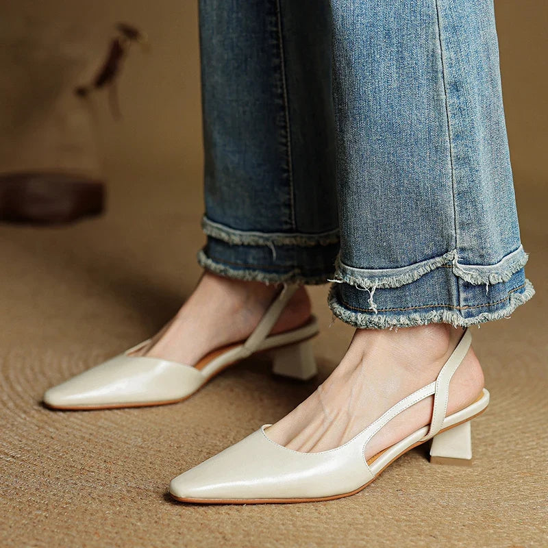 2025 Summer Women Sandals Genuine Leather Women Shoes Cover Toe Slingback Shoes Pointed Toe Med Heel Concise Designer Sandals