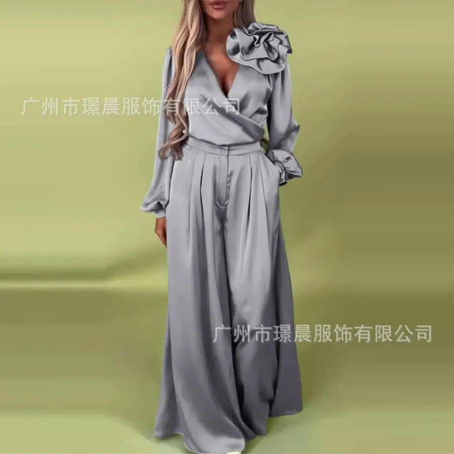 Women 3D Pants Set Elegant Flower Satin Suit For Women V Neck Blouse Wide Leg Casual Loose Trousers Set Formal Commuting