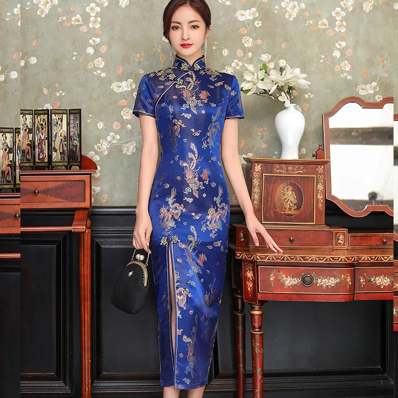 Large Size Sexy Slim Long Qipao Dress Women Retro Elegant Cheongsam Short Sleeve Brocade Dragons and Phoenixes Clothes Vestidos