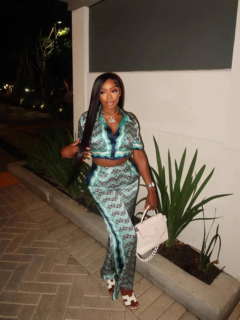 STYLISH LADY Printed Satin 2 Piece Set Women Short Sleeve Crop Top and Pant Suits 2025 Summer Elegant Party OL Outfits
