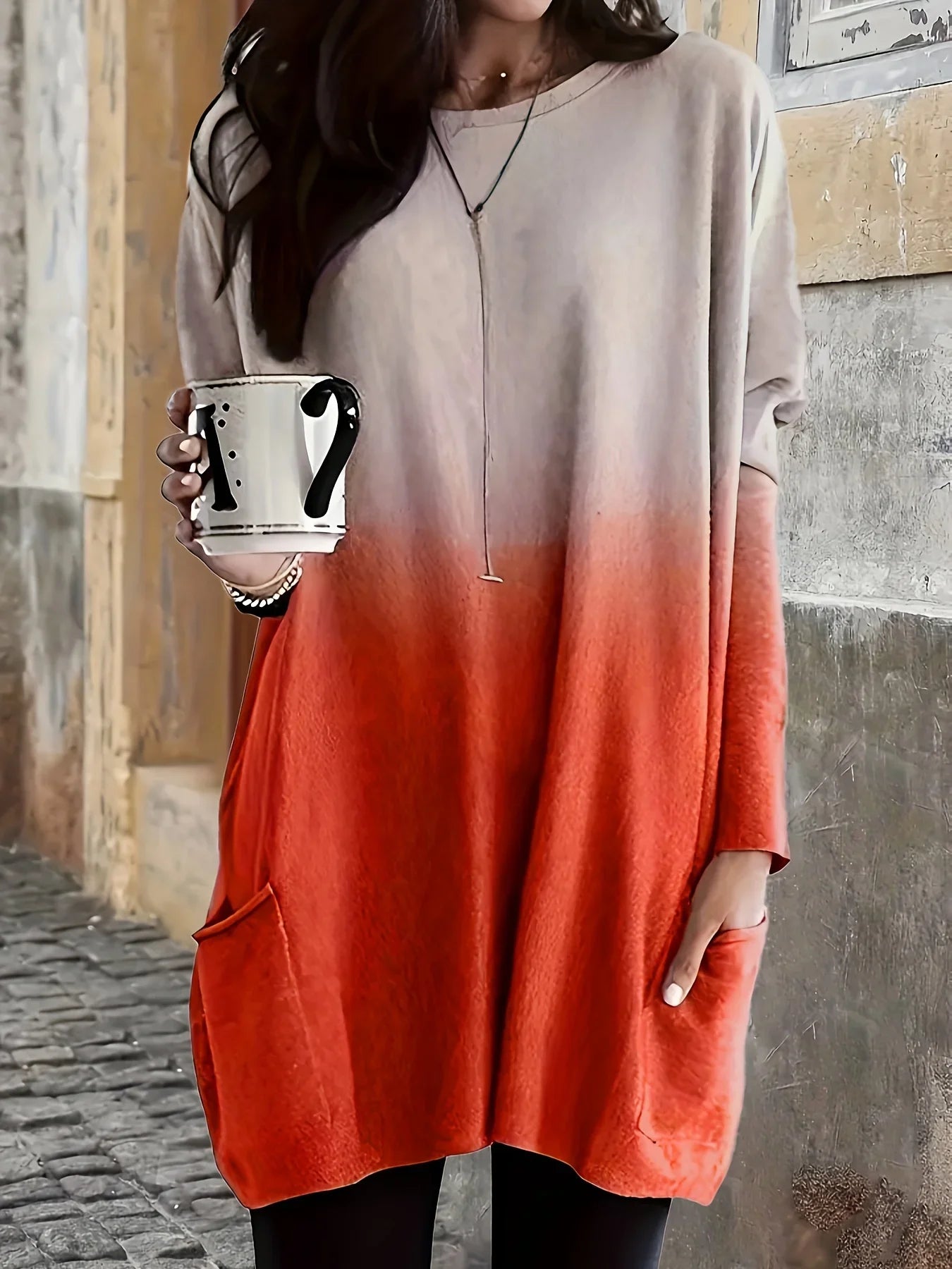 Fall/Winter New Fashionable Elegant Gradient Print Casual Crew Neck Pocket Plus Size Women's Long T-Shirt Top