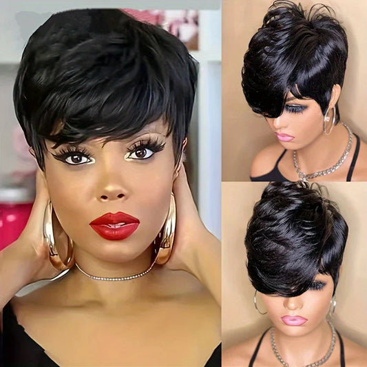 Pelucas Bob Corto Pixie Rectas, Color Natural, Pelucas Bob con Flequillo, Cabello Humano Remy Virgen Brasileño, Pelucas Completas Hechas a Máquina