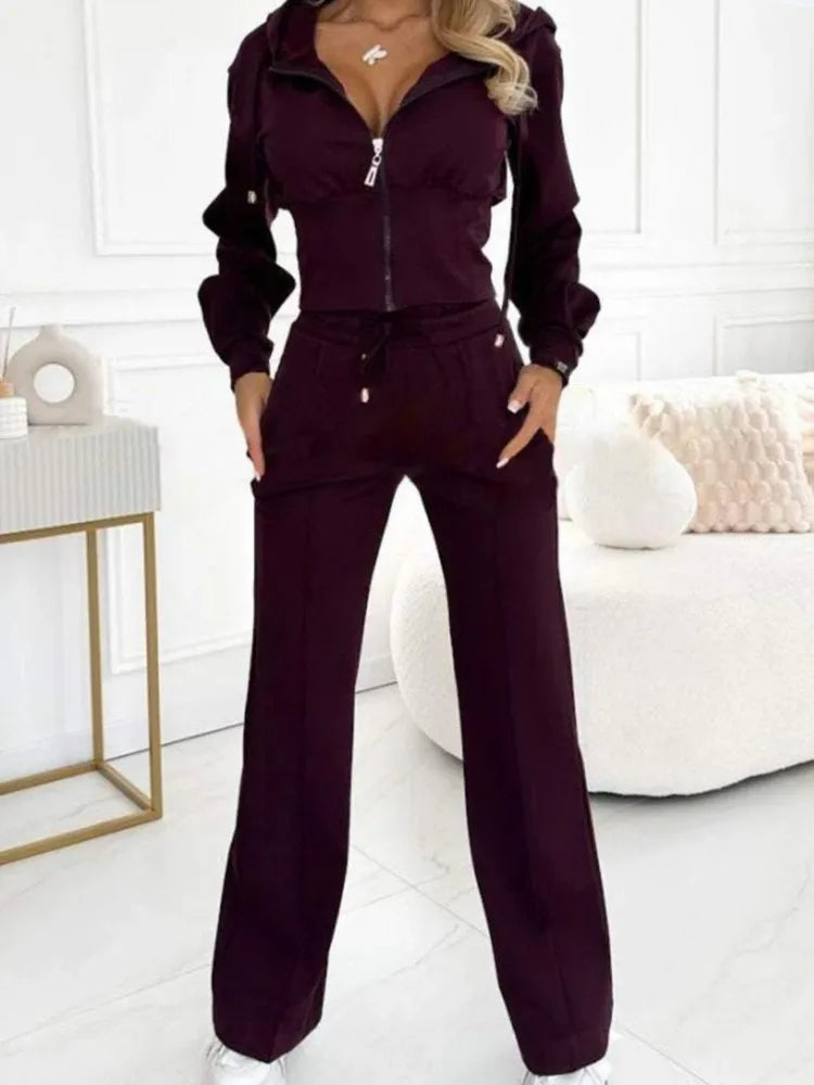 Autumn Casual Solid Sportswear Women Set Fashion Zipper Hooded Sweatshirts Coat & Lace-up Pants Tracksuit New Winter Suit