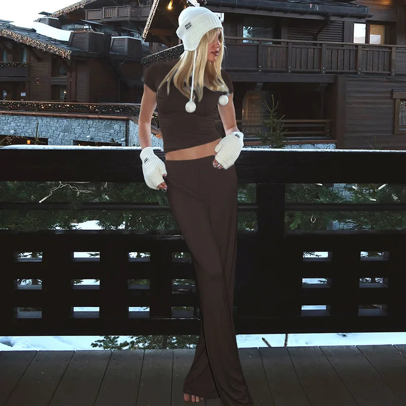 Casual Long Pants Suits Women O-neck Short Sleeve T-shirt Elastic Waist Trousers Set Spring Summer Solid Lady Household Clothes