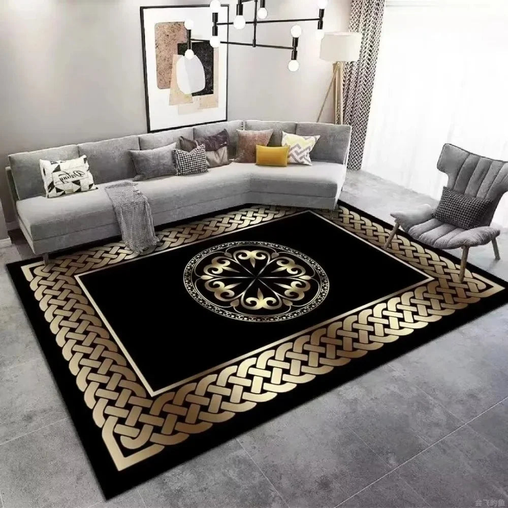 Luxury Golden Black Area Rug Modern Minimalist Home Decor Non Slip Mat for Living Room Bedroom Elegant Classic Design Perfect