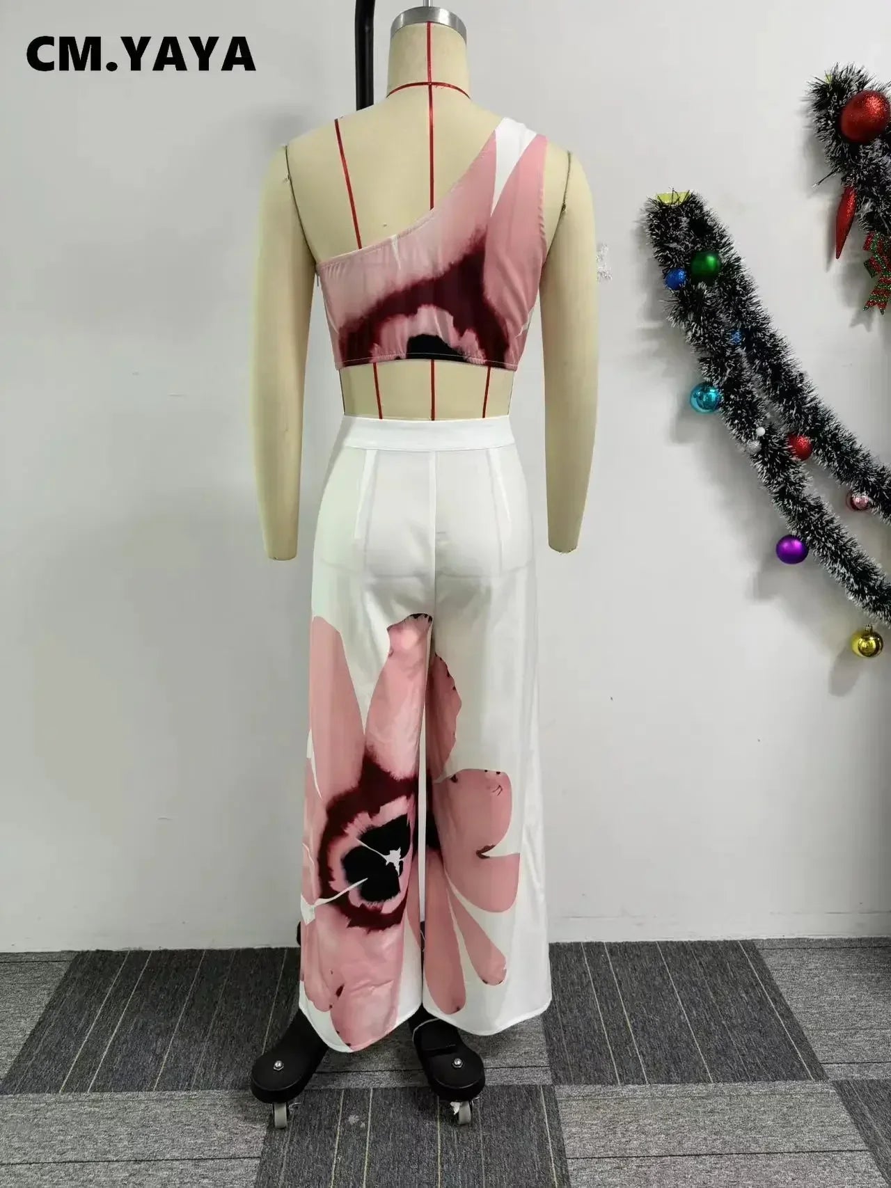 Women Set Floral Print Sleeveless Skew Collar Tops +Wide Leg Pants Two 2 Piece Set Outfit  Summer Street Tracksuit