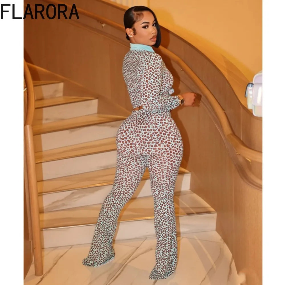 FLARORA Fashion Leopard Print 2 Piece Sets Woman Turtleneck Full Sleeve Slim Zip Jackets And Drawstring Flare Pants Street Suits