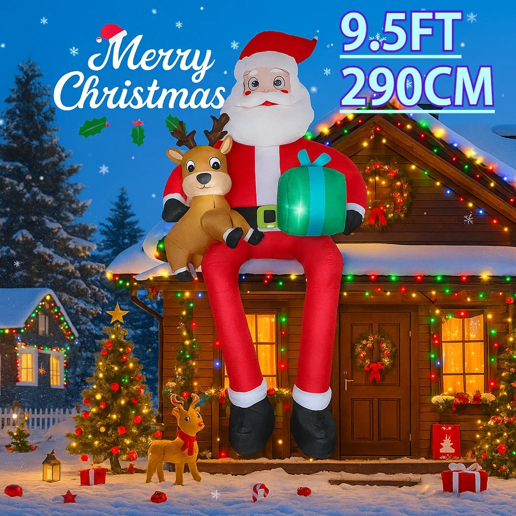 9.5FT Inflatable Christmas Santa Claus with Reindeer LED Outdoor Yard Decor