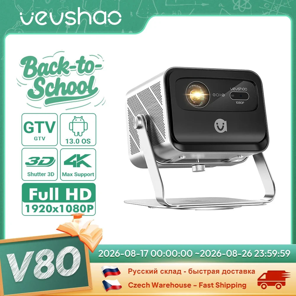 VEVSHAO V80 4K Projector Full HD1080P 2200 Anis Lumens Android 11.0 WiFi 6 Video Home Movie Theater Projectors with Base Stand