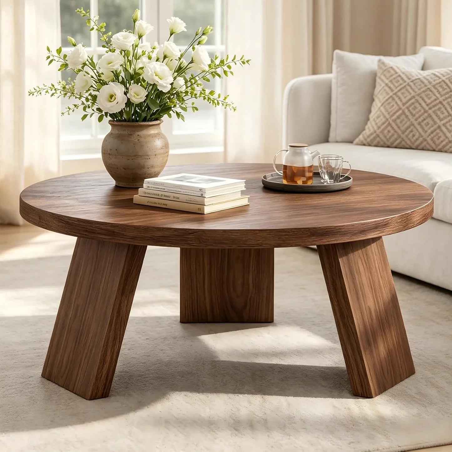 33.5 Inch Round Coffee Table For Living Room, Modern Center Table With Wood Grain Top and Angled Legs For Apartment