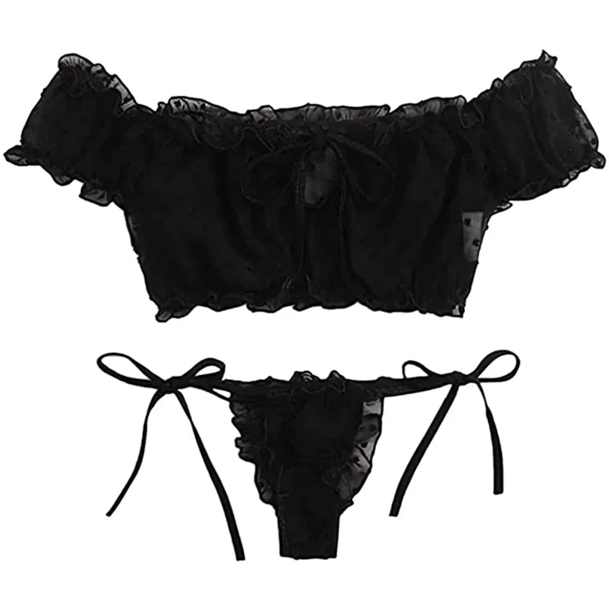 Porn Women Sexy Lingerie Off Shoulder Bralette Strapless Ruffles Bra and Panty Sets Female Transparent Underwear