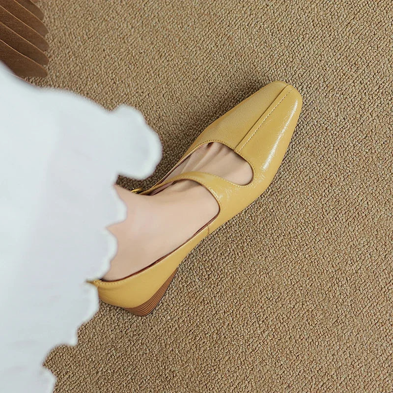 2026 New Spring Women Pumps Square Toe Chunky Heel Genuine Leather Women Shoes Shallow Metal Buckle Strap Mary Janes Ladies