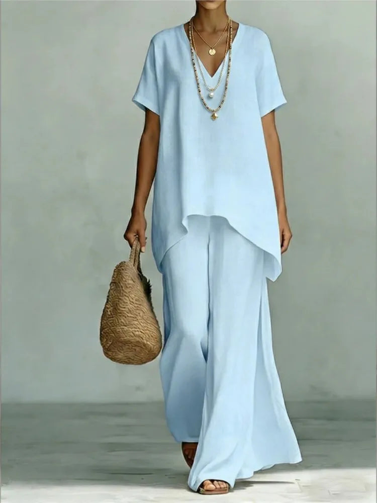 Fashion Loose Cotton Linen Short-sleeved Trousers 2 Piece Set Women Summer New Casual V-neck Retro Female Wide-leg Trousers Suit
