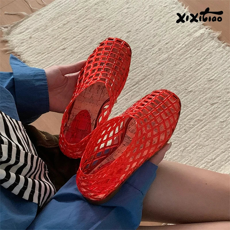 XIXITIAO Women's Sandals Fashion Openwork Sandals Summer Comfortable Anti-slip Flat Jelly Shoes Hollow Outdoor Slip On Footwear