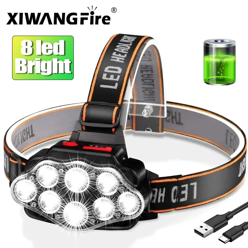 Linterna frontal recargable de 8 LED, potente faro para camping, pesca y senderismo