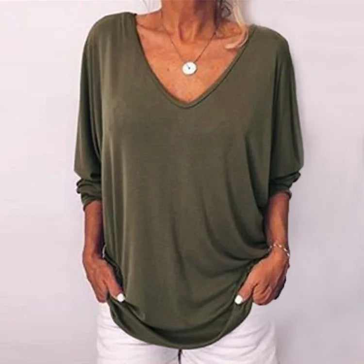 Plus Size Loose Women's Shirt V-Neck Overhead Three-Quarter Sleeve Casual Female Top Button Decoration Padded Shoulder
