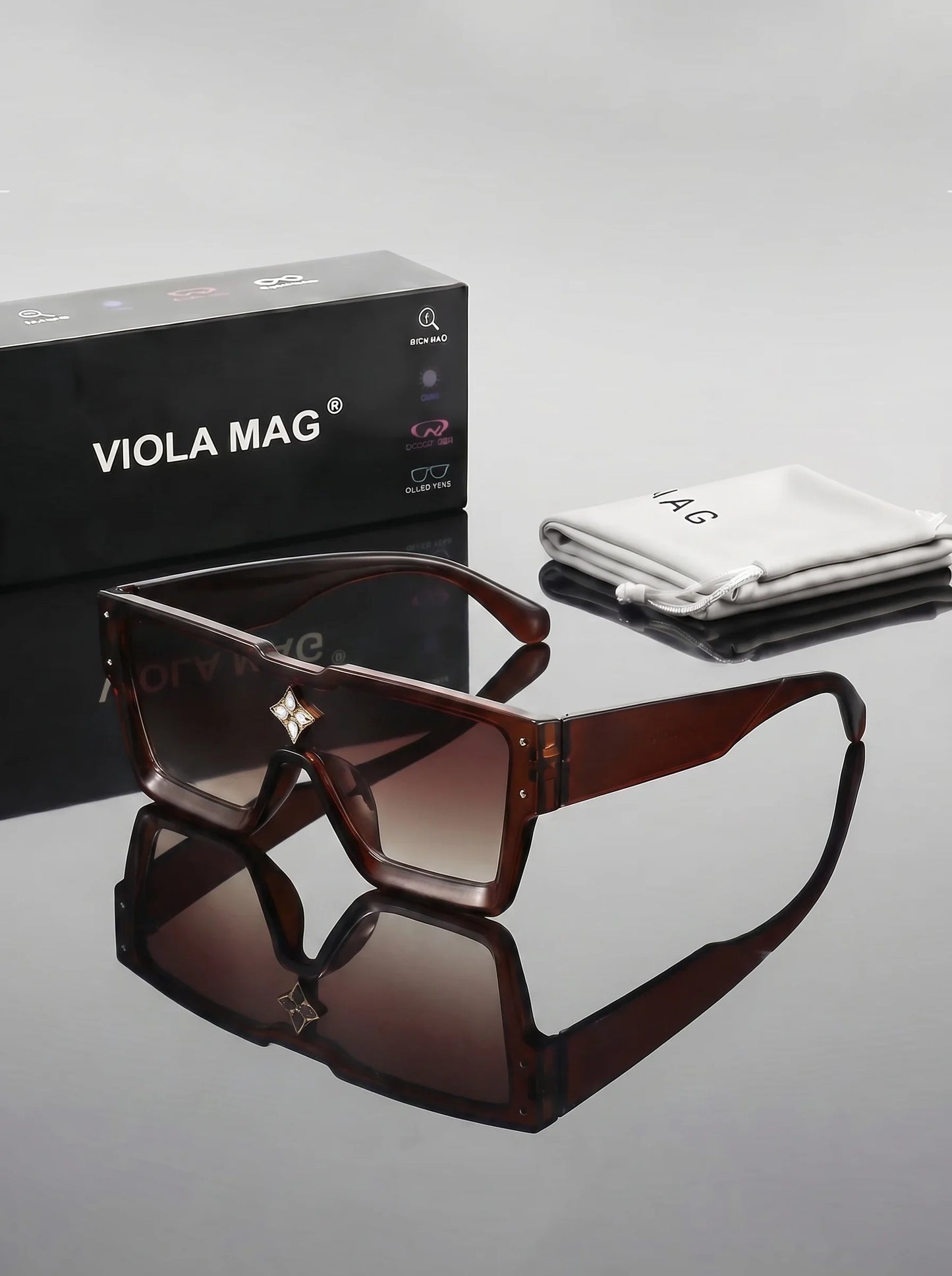VIOLA MAG Fashion Diamond Set Large Frame Sunglasses, Simple Square Integrated Glasses, Unisex for Travel, with Glasses Bag