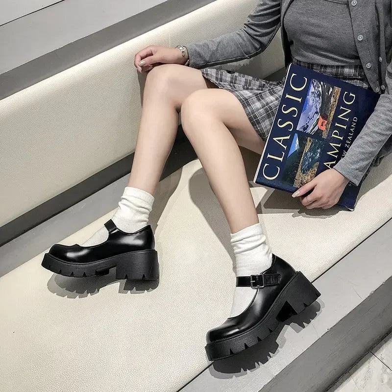 Zapatos de tacón alto Mary Jane de charol para mujer, estilo japonés, con plataforma al tobillo, hebilla, uniforme JK, zapatos Lolita