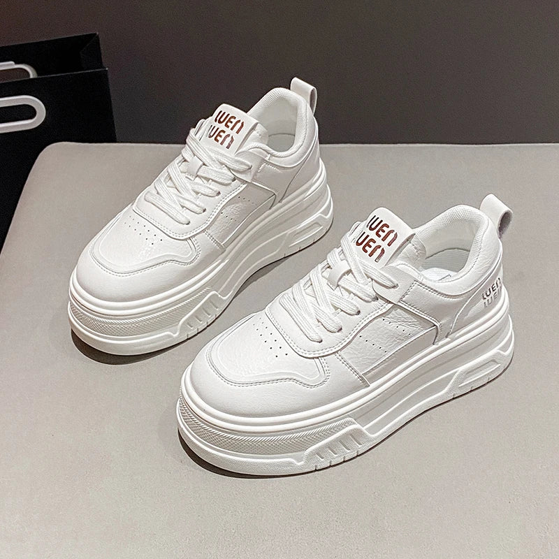 Pu Leather Thick Bottom Sneakers Women 2025 Breathable Platform Vulcanised Shoes Woman Womens All Match Lace Up Casual Sneakers