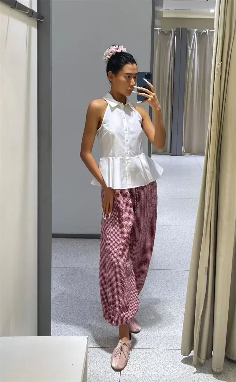 Women's Long Pants 2026 Summer New Style Red Plaid Drawstring Lantern Pants Long Pants Beach Vacation Casual Fashion