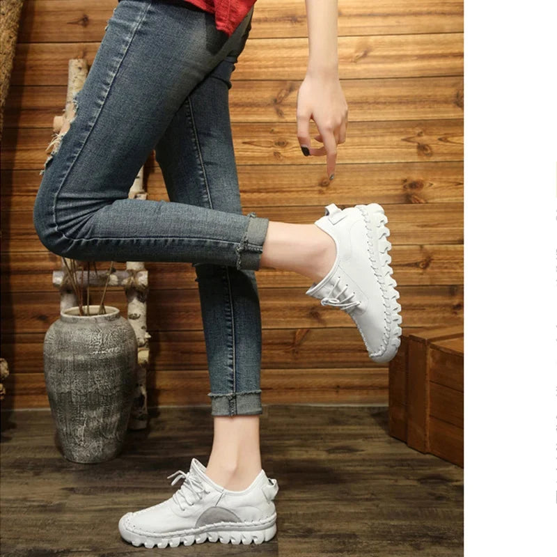 Handmade Genuine Leather Women Shoes Fashion Casual Sneakers Retro Flats Ladies Lacing Loafers Breathable Vulcanized Shoes