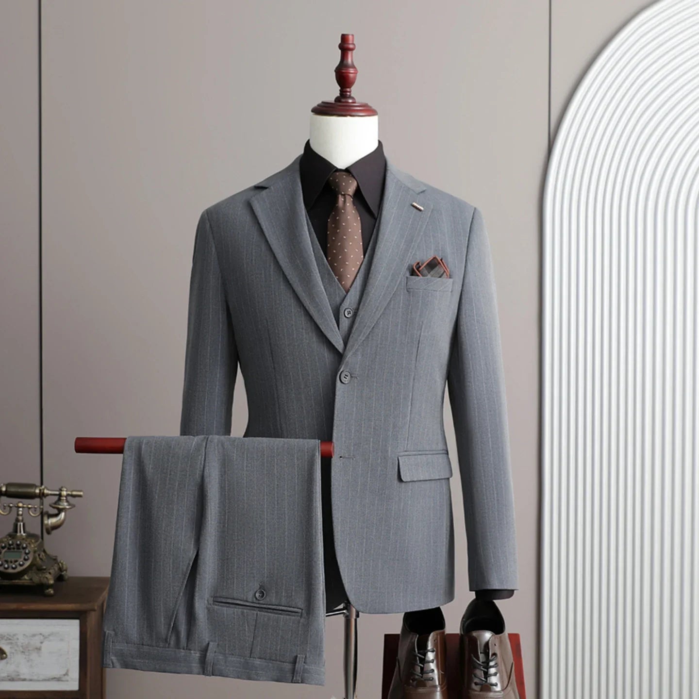A Stylish and Cool Striped Casual Business Three-Piece Suit Set for