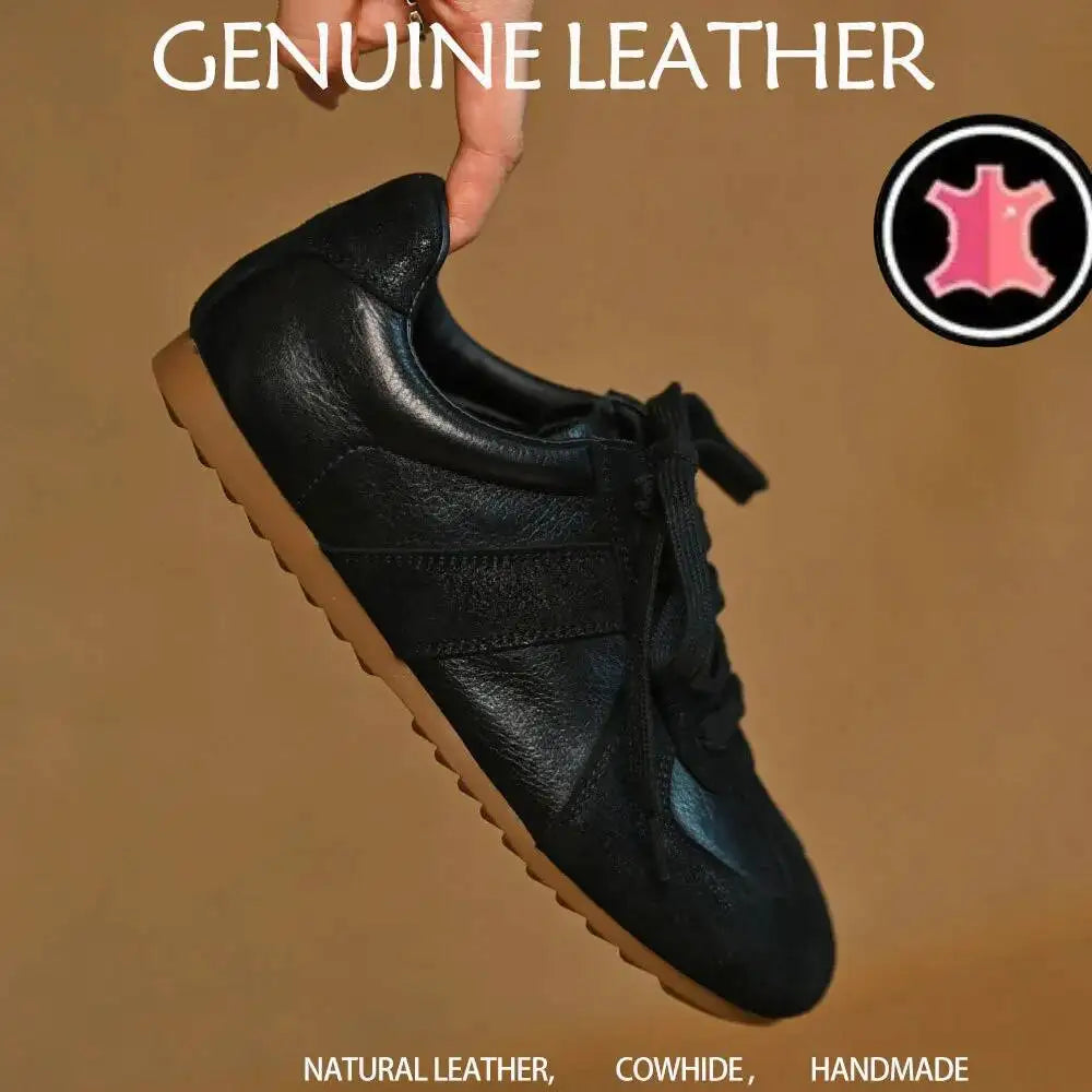 Women Sneakers Spring 2025 New Genuine Leather Non-slip Round Toe Women Shoes Shallow Bow Casual Women Shoes Black