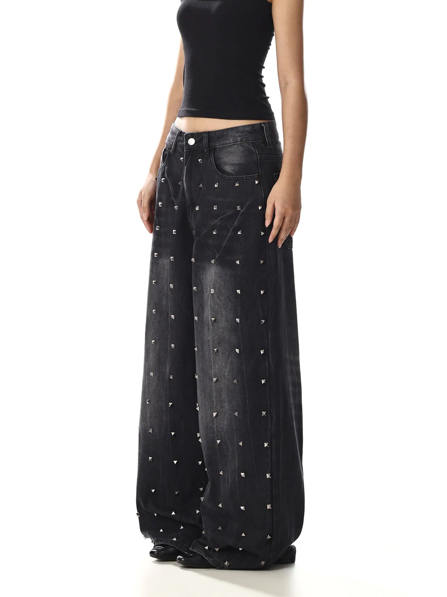 Women Black Rivet Heavy Duty Jeans New American Retro Design Niche Loose Wide Leg Denim Pants Streetwear Baggy Trousers