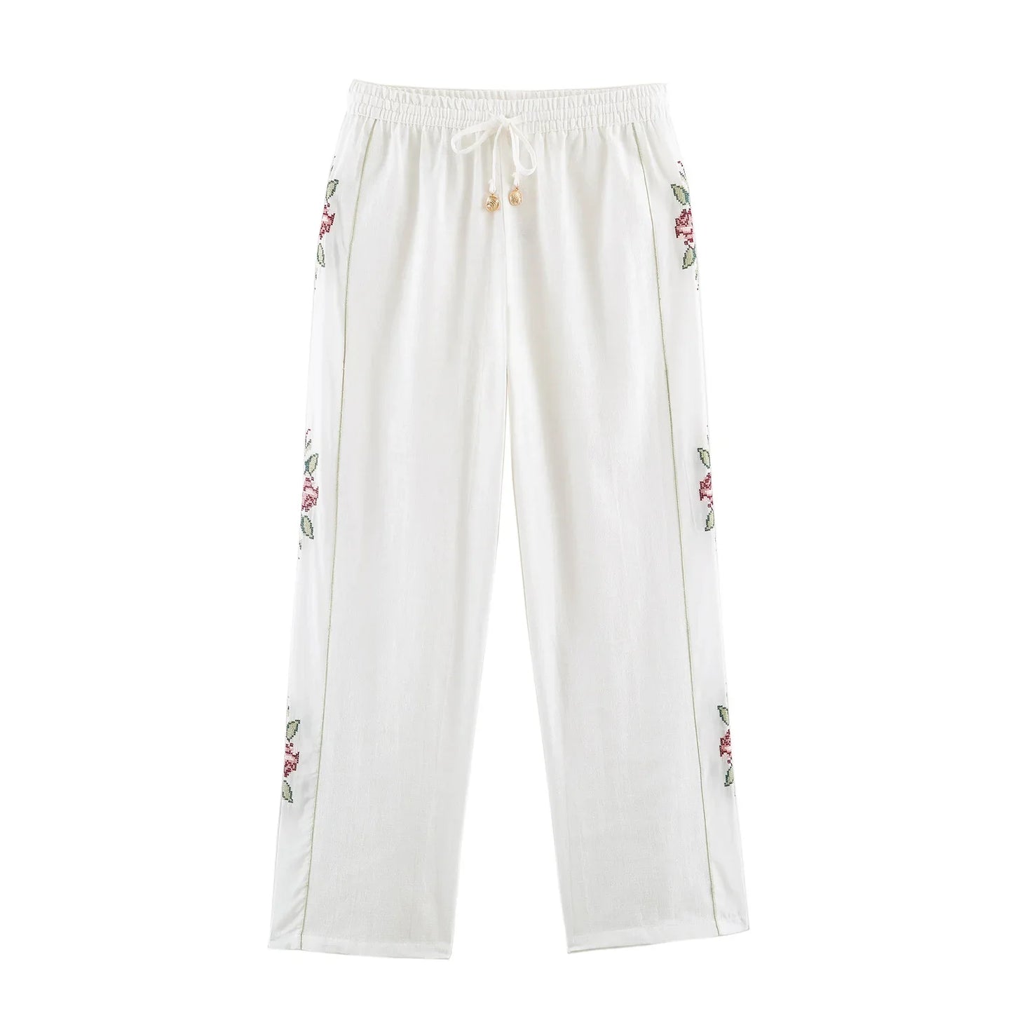HH Elegant Women's 2026 Floral Embroidered Straight-Leg Pants Spring Autumn Casual Elastic Waist Side Stripe Boho Trousers