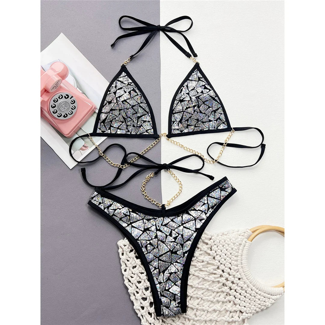 New Bling Sequins Halter Metal Chains Bikini Women Swimwear Female Swimsuit Two-pieces Bikini set Bather Bathing Suit Swim K4865