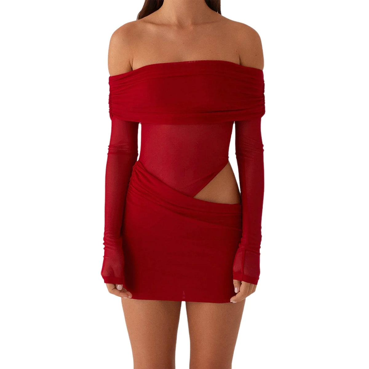 Women Mini Off Shoulder Slim Ruched Solid Color Party Club Dresses Cut Out Long Sleeve Backless Short Mesh Bodycon Dress