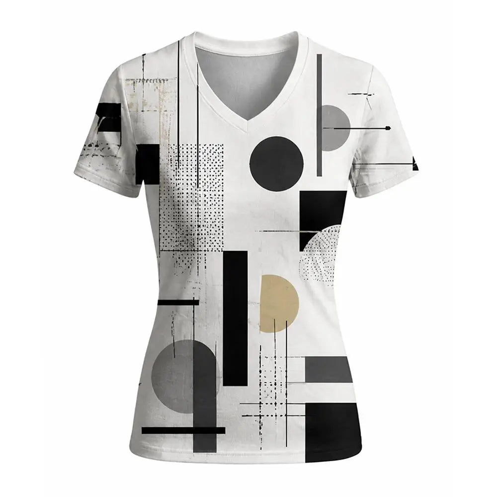 Women's Geometric Abstract Print V-Neck T Shirt Daily Casual Commuting Short Sleeve Tops Summer Street Vintage Slim Fit Tees