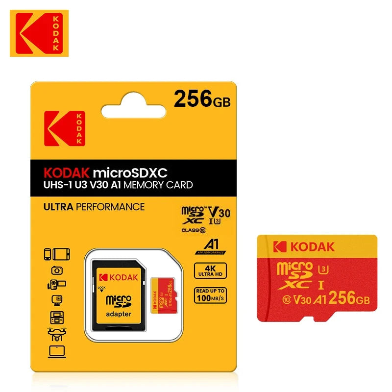 KODAK 128GB Micro SD Card U3 V30 256GB 64GB 32GB 4K High Speed TF Card for Phone Camera Drone Original TYPE-C Reader