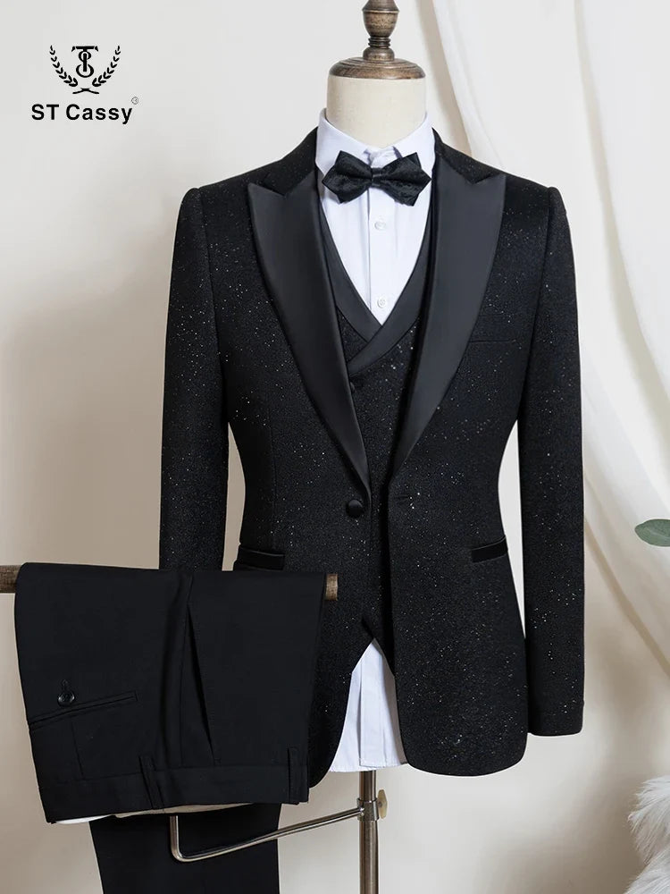 Luxury Man Suits High Quality 3 Pieces Littering Rhinestone Embellishment Wedding Dress Shining Flash Diamond Tuxedo Dinner Suit