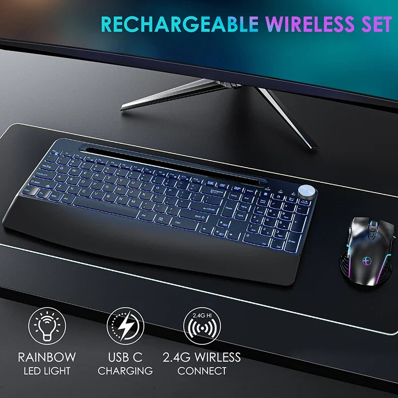 2.4G&Type-C Wireless Keyboard Mouse Combo with Wrist Rest,RGB Backlit,Silent Rechargeable Set for PC,Laptop,Window,Jiggler Mouse