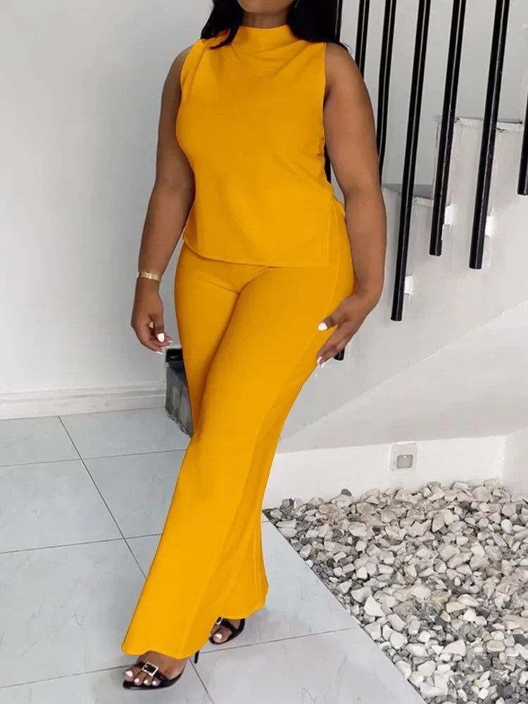 Solid Casual Tracksuit Women 2 Pieces Outfits Summer Sleeveless Side Split Top and Wide Leg Pants Sporty Fitness Matching Sets