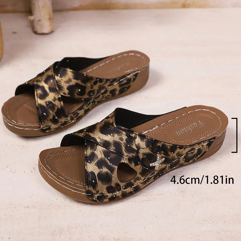 Plus Size 36-43 Leopard Print Sandals Women Summer 2025 Lightweight Wedges Slippers Woman Cross Band Thick Sole Slides Shoes