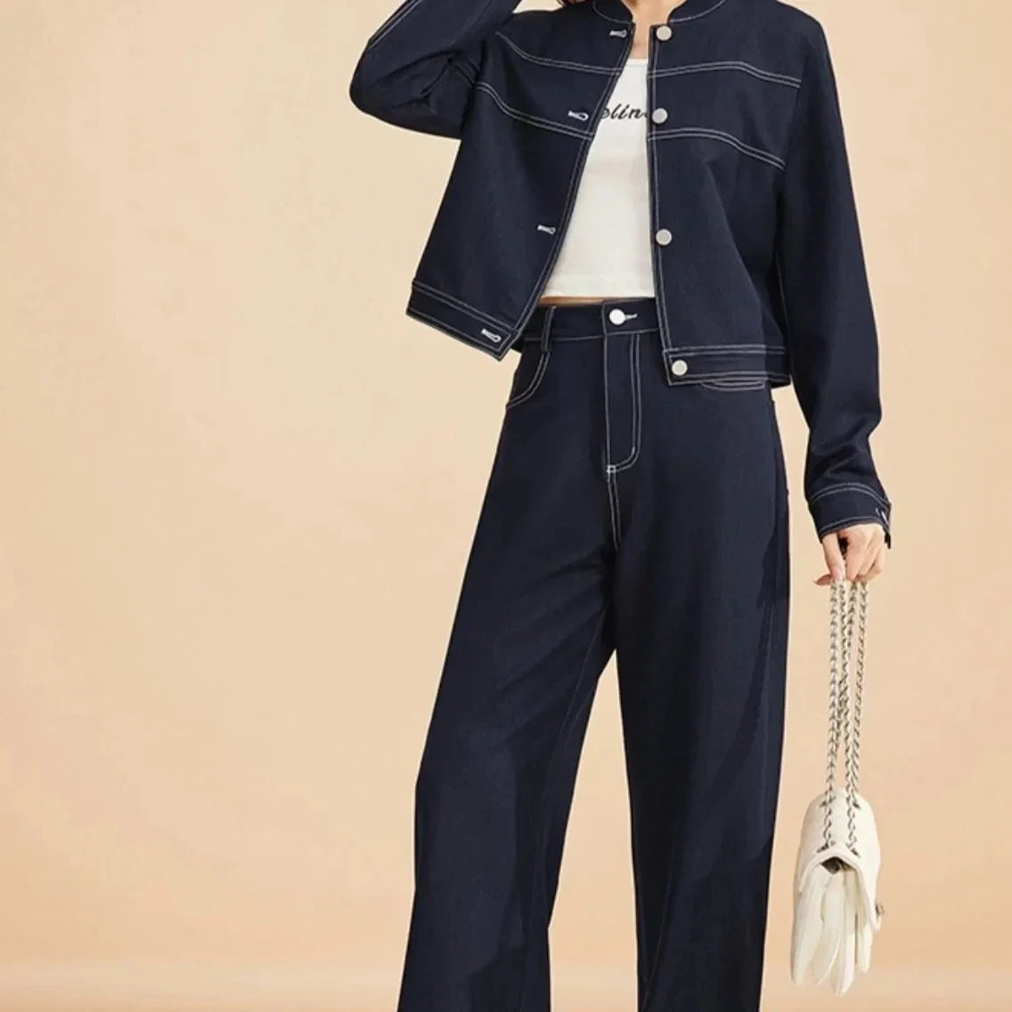 Fashion Casual Suit for Women Spring 2025 New Stylish And Slimming Denim Jacket Wide Leg Pants Two-Piece Set Female Denim Jacket