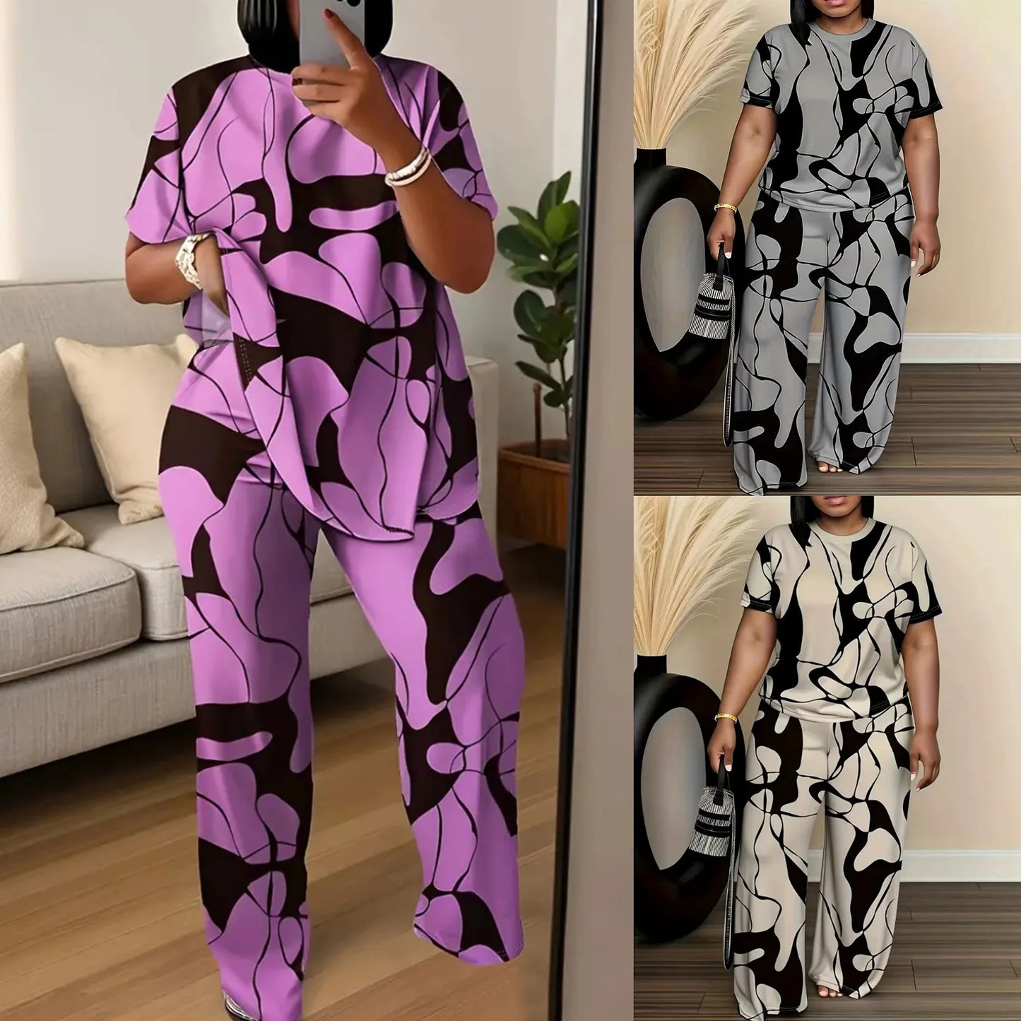 Conjuntos Femininos Summer Short-sleeved Fashion Print Suit Women's Round Neck Large Size T-shirt Wide-leg Trousers 2 Piece Suit