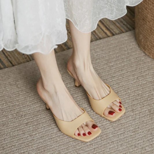 Size 34-43 Women Heeled Mules Sandals Soft Genuine Leather 6cm Heels Summer Shoes For Women Slippers Vintage Square Toe Mule