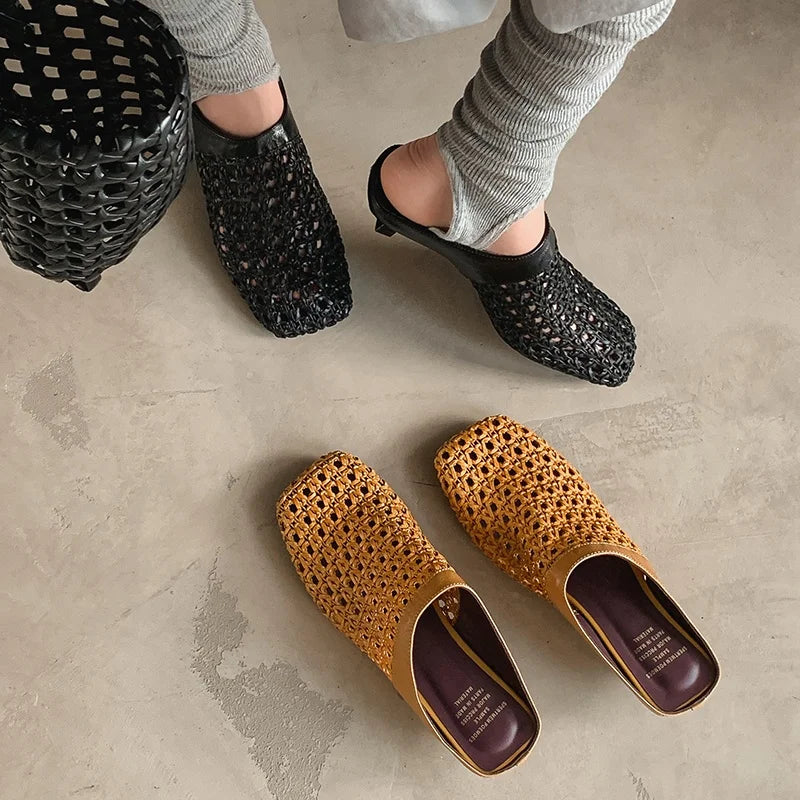 2026 Women Slippers Square Toe Med Heel Women Shoes Roman Black Women Sandals Gladiator Handmade Ladies Modern Slippers