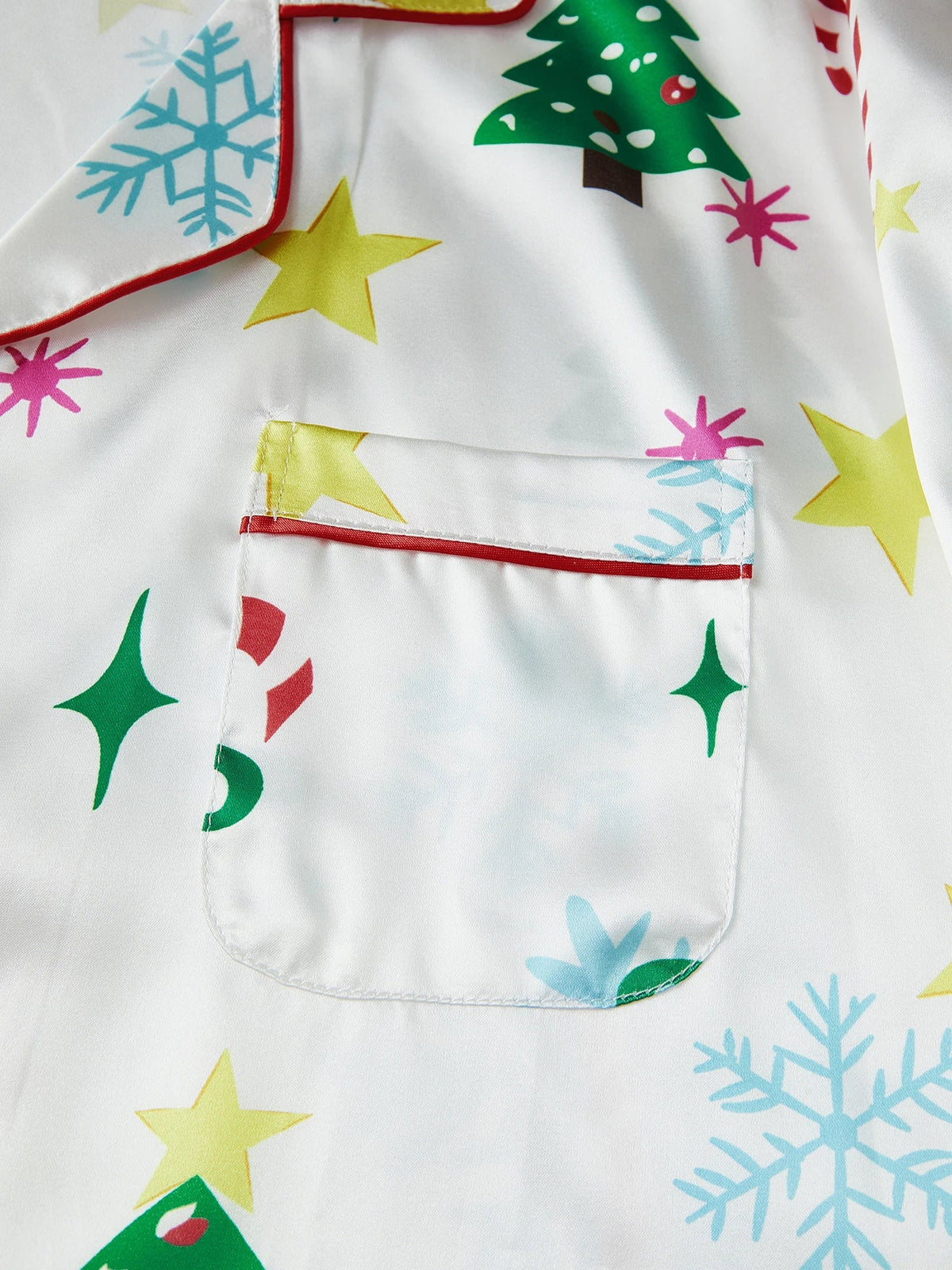 Women's Christmas Satin Pajama Set Long Sleeve Lapel Santa Claus/Christmas Tree Print Shirt Shorts Two Pieces Sleepwear