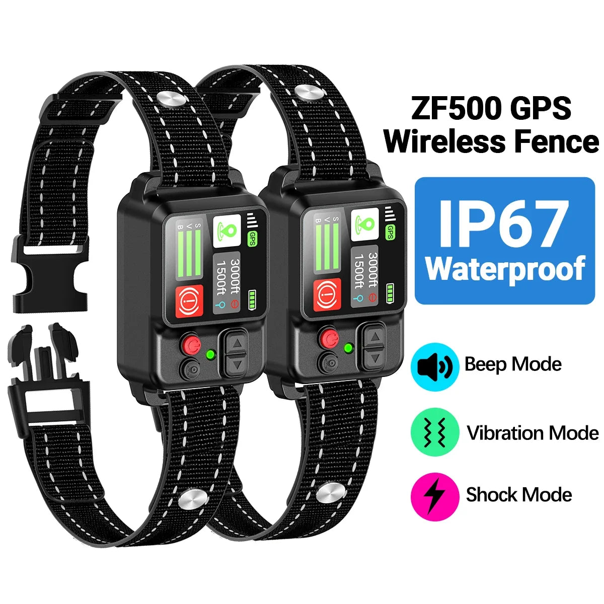 Orcleab Wireless Dog Fence GPS Dog Collar IP67 Waterproof Electric Shock Pet Containment System 3 Training Mode Free-Form Fence