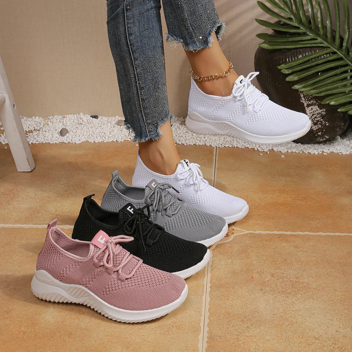 Women's Shoes Ladies Outdoor Casual Sneakers Breathable Knit Upper Lightweight Comfortable Anti Slip Soft Walking Shoes