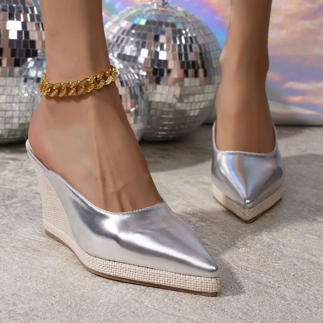Fashion High Heels for Woman Gold Black Silver Elegant Women Shoes Luxury Handmade Weaving Lightweight Female Mules Slippers