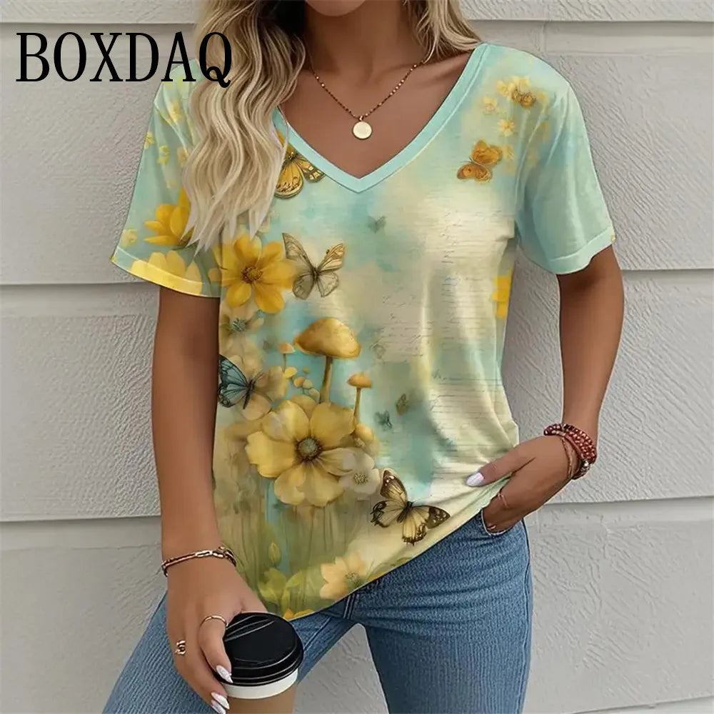 Plant Flowers 3D Print T Shirt For Women 2025 Summer Retro Short Sleeve Shirts Casual Tie Dye Butterfly Loose Plus Size Tops 8XL