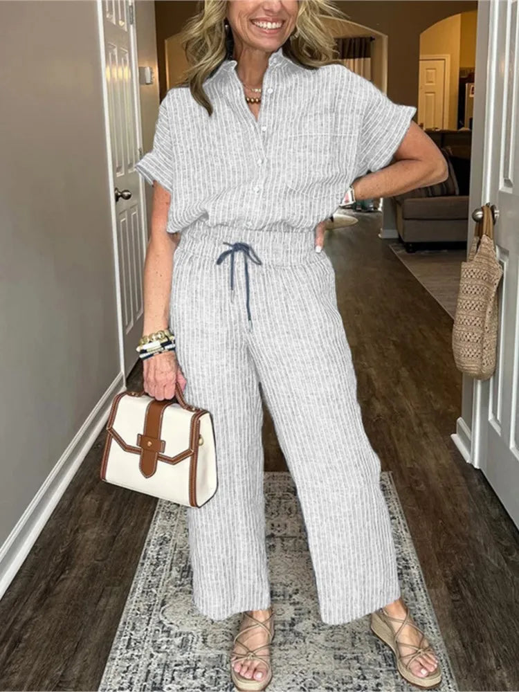 Classic Spring Autumn Cotton Linen Striped Printed Short Sleeve Shirt 2 Piece Set Retro Casual Loose Waist Trousers Women's Suit